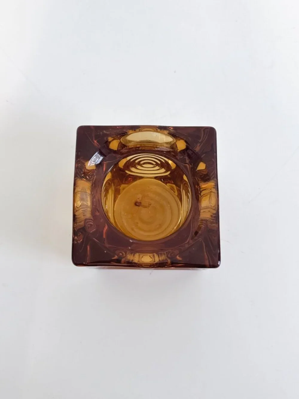VIKING AMBER GLASS BULLSEYE GLIMMER CUBE CANDLE HOLDER PAPERWEIGHT VINTAGE MCM